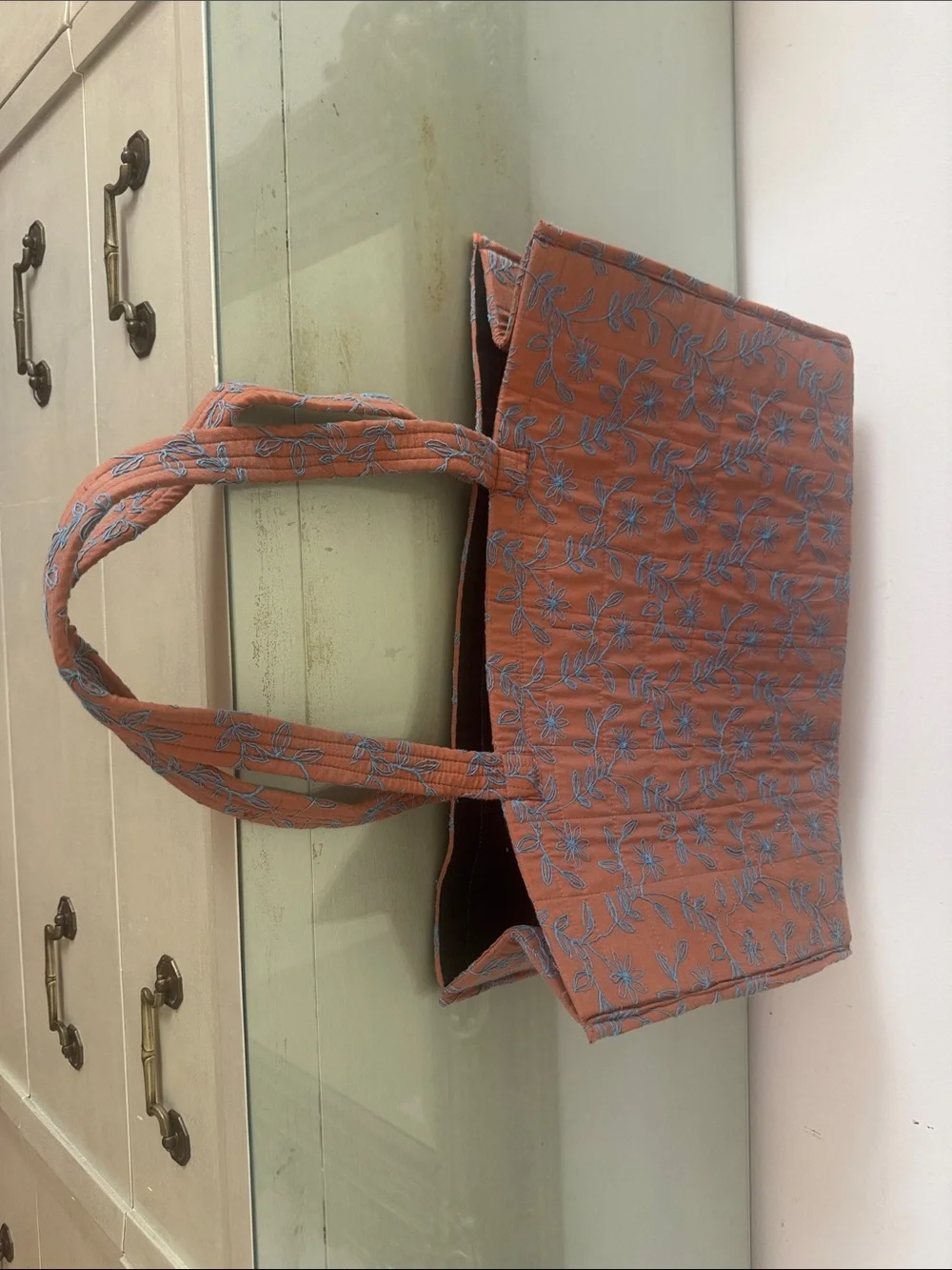Rust Floral Embroidered Cushioned Tote Bag with Blue Accents
